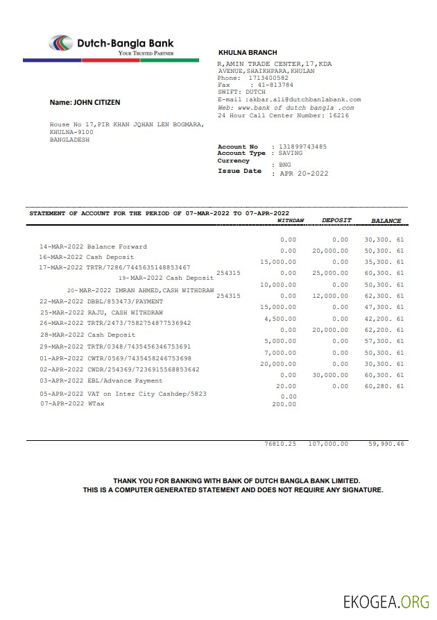 Relevé bancaire Bangladesh néerlandais Bangla